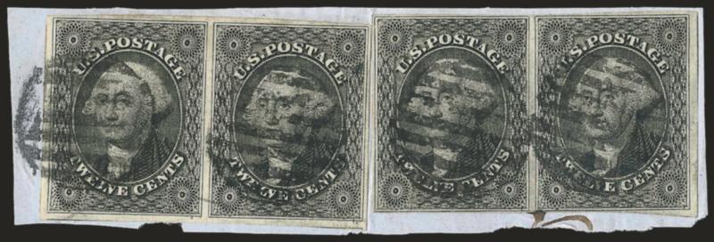 12c Black (17).> Two horizontal pairs, tied by grid cancels on piece, right pair clear to large margins (Fine), left pair ample to huge margins, Very Fine-Extremely Fine
