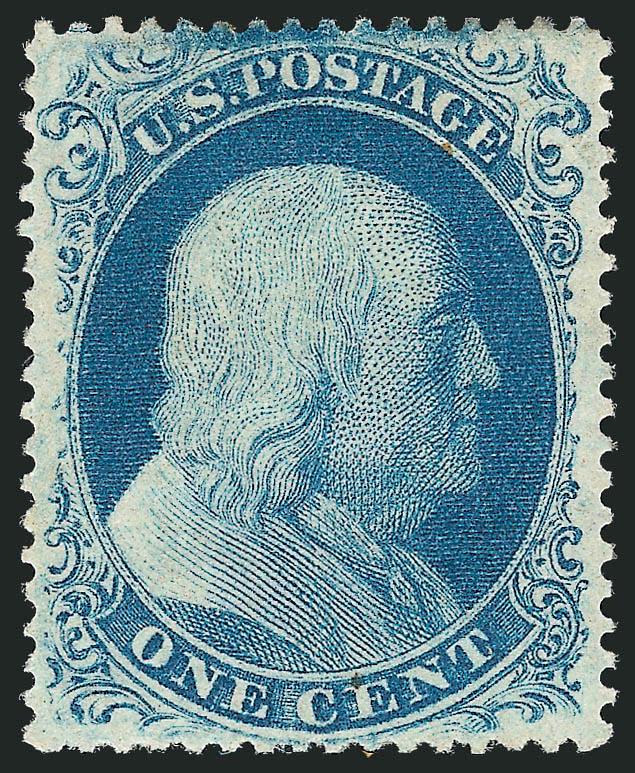 1c Blue, Ty. II (20).> Plate 12, B Relief, original gum, deep rich color, unusually choice centering with wide and balanced margins<><>^EXTREMELY FINE. A BEAUTIFUL ORIGINAL-GUM EXAMPLE OF THE 1857 ONE-CENT
TYPE II PERFORATED FROM PLATE TWELVE.^<><