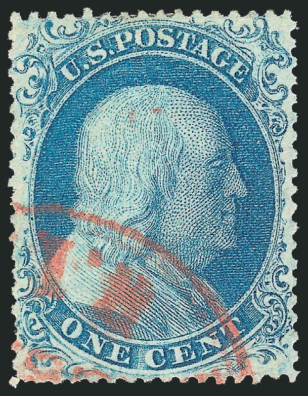 1c Blue, Ty. II (20).> Plate 12 (pencil Position 10L12 on back), magnificent centering and with neat face-free red circular datestamp at bottom, few nibbed perfs at left, otherwise Extremely Fine, choice
top-row Plate 12 stamp