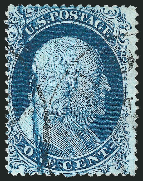 1c Blue, Ty. II, Plate 2 Crack (20).> Singles of Positions 13L2 and 23L2 with major cracks and strip of three Positions 31L2-33L2 with stitch watermark (33L2 shows tiny crack), rich color, circular datestamps,
very light on the strip, Fine-Very Fine,