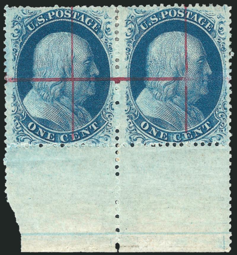 1c Blue, Ty. V (24).> Horizontal pair with <wide bottom sheet selvage,> original gum, <ruled magenta manuscript lines obliteration,> left stamp some short perfs at top, otherwise Very Fine, some students
believe examples of this issue with the ruled