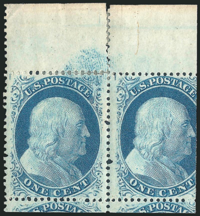 1c Blue, Ty. V (24).> Original gum, with <top sheet selvage,> nearly complete stamp connected at right and parts of two others at bottom, magnificently centered, three tiny perf hole erosion spots, otherwise
Extremely Fine