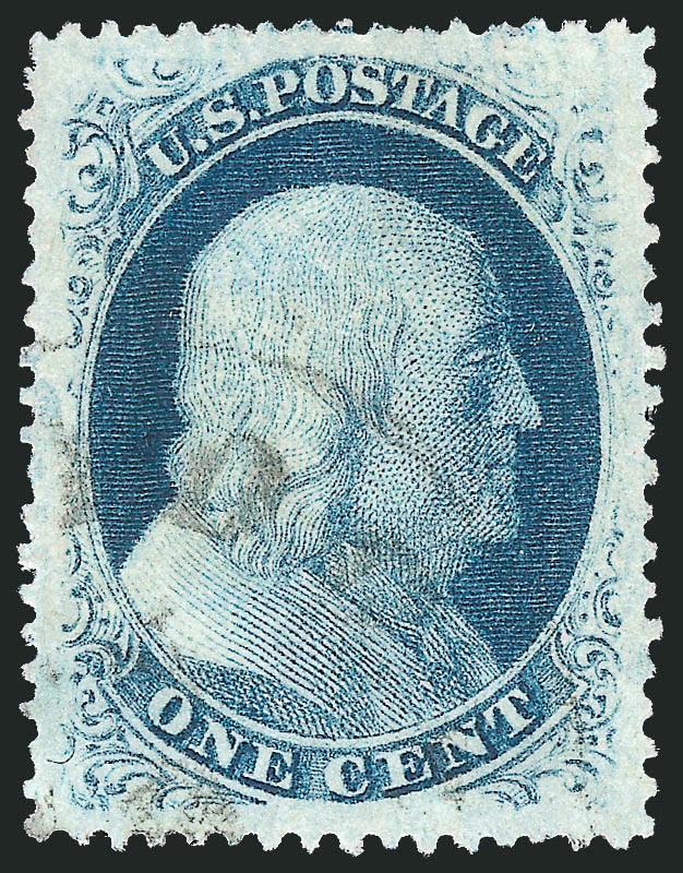 1c Blue, Ty. V (24).> Position 95R7 from the bottom row, Jumbo perfectly balanced margins, bright color and sharp Plate 7 impression on crisp paper, light strike of circular datestamp<><>^EXTREMELY FINE GEM. A
SUPERB EXAMPLE OF THE 1857 ONE-CENT PE