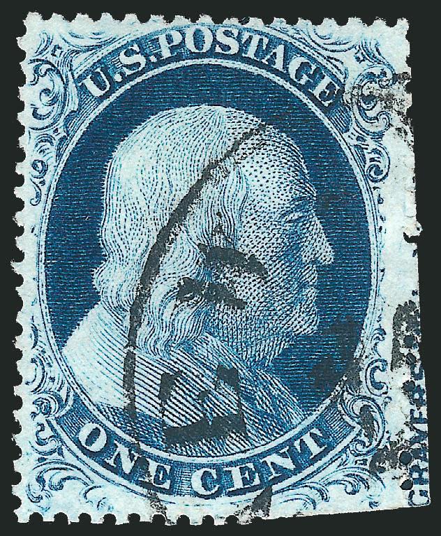 1c Blue, Ty. IIIa (22).> Position 50R4, nicely centered, <captured part imprint> at right, rich color, bold circular datestamp, scissors trimmed at right due to some natural blind perfs, also some trimmed at
bottom, otherwise Very Fine