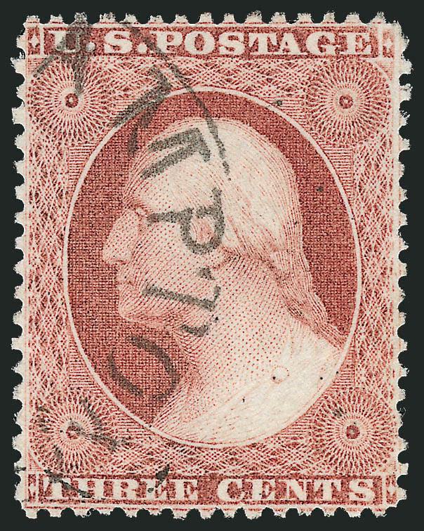 3c Rose, Ty. I (25).> Vibrant color as fresh as the day it was printed, detailed impression, neat strike of circular datestamp, well-balanced margins all around, fresh and Extremely Fine, with 2010 P.S.E.
certificate (XF 90 SMQ $500.00)
