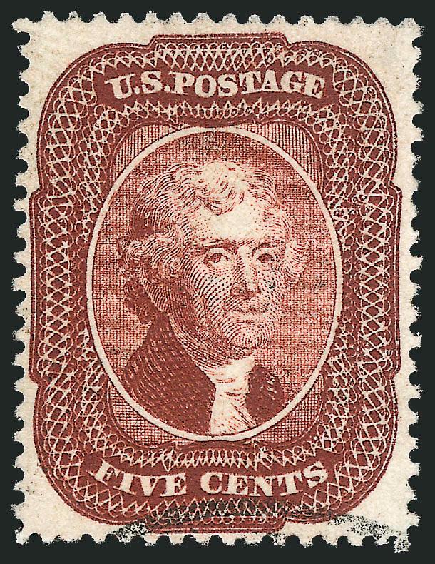 5c Red Brown (28).> Rich color and proof-like impression, lightly cancelled at bottom leaving entire design clearly visible, well-proportioned margins, fresh and Extremely Fine, with 2010 P.S.E. certificate
(VF-XF 85 SMQ $2,000.00)