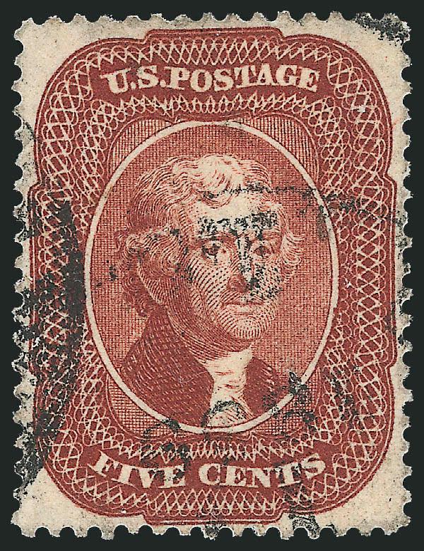 5c Red Brown (28).> Perfect centering, bright color very near to (if not) the much scarcer Bright Red Brown, light circular datestamp and part of another bold strike at left, tiny thin spot, Extremely Fine
appearance