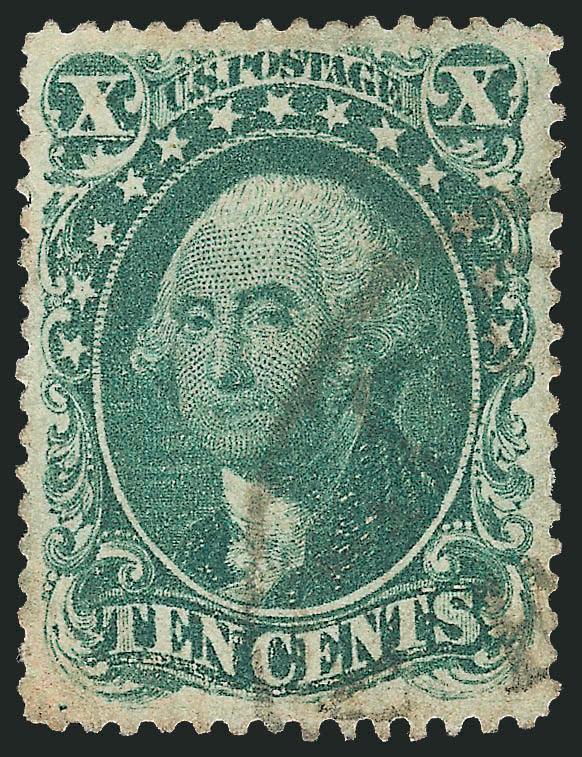 10c Green, Ty. I (31).> Beautiful centering with wide margins, unobtrusive strike of circular datestamp, Very Fine and choice, with 2006 P.S.E. certificate (VF-XF 85 SMQ $1,750.00)