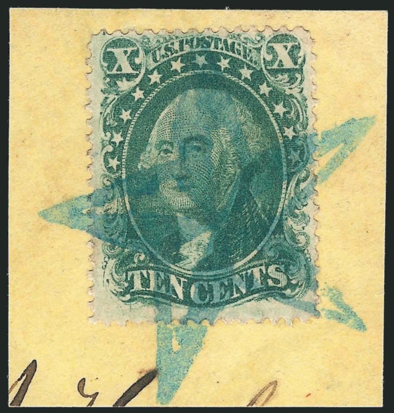 10c Green, Ty. II (32).> Tied on small piece by well-struck Marysville Cal. <blue-green Shadow Star> fancy cancel, choice strike on a Very Fine stamp, fancy cancels on 10c 1857 issues are rare, with 1994 P.F.
certificate