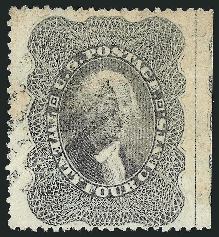 24c Gray Lilac (37).> Exceptionally wide margins incl. wide right <straddle-pane margin with centerline and bit of adjoining stamp,> light grid cancel, Extremely Fine, striking example and highly collectible,
with 2010 P.S.E. certificate