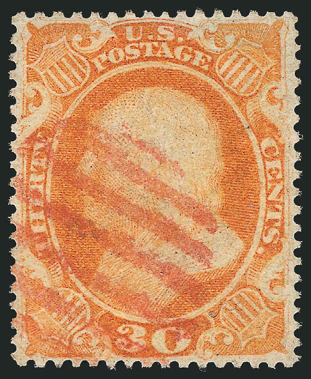 30c Orange (38).> Brilliant color as fresh as the day it was printed, nicely complemented by <red> grid cancel of New York, well-proportioned margins, fresh and Extremely Fine, a pretty stamp, small purple
backstamp