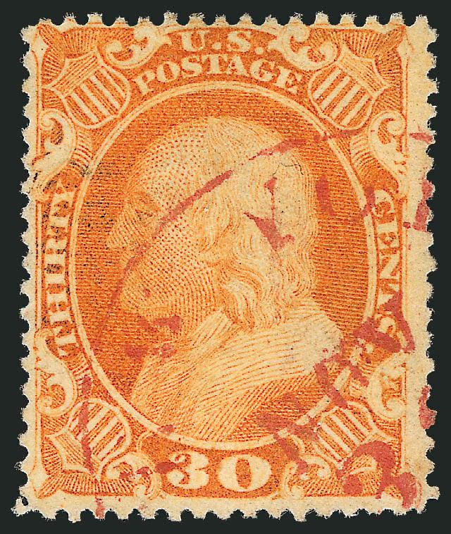 30c Orange (38).> Vibrant color nicely complemented by <red> New York circular datestamp, wide margins for this issue, Very Fine and choice, with 2010 P.S.E. certificate (VF-XF 85 SMQ $750.00)