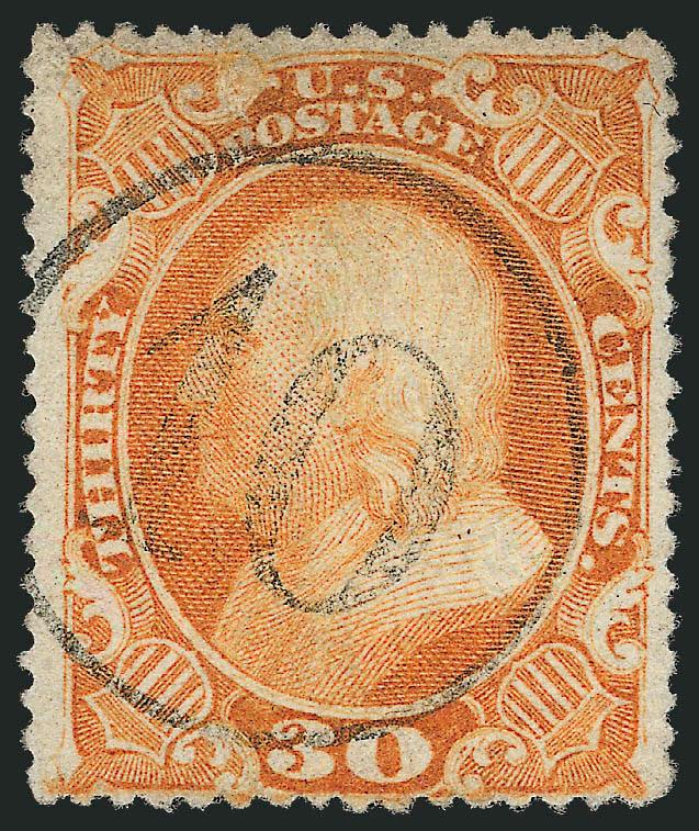 30c Orange (38).> Vibrant color, neat strike of <10 in circle> handstamp, small sealed tear at upper left, Very Fine appearance, scarce cancel on a 30c stamp
