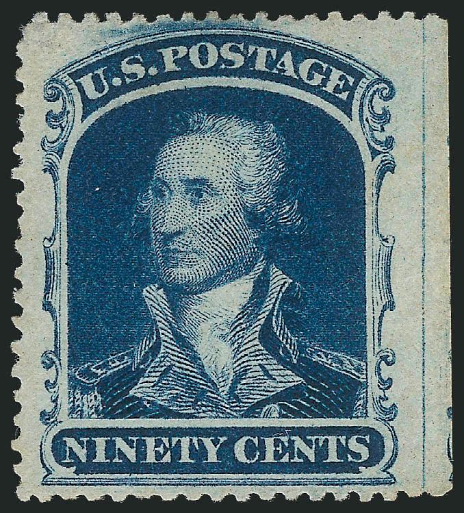 90c Blue (39).> Unused (no gum), with <straddle-pane margin and centerline> at right, single bent perf at upper left (not mentioned on accompanying certificates), Very Fine appearance, with 1985 and 1989 P.F.
certificates