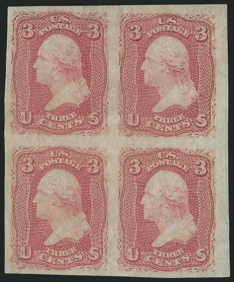 3c Rose, Imperforate (65c).> Block of four with right sheet margin, unused (no gum), large margins other sides, bright color, Extremely Fine, with 2004 P.F. certificate
