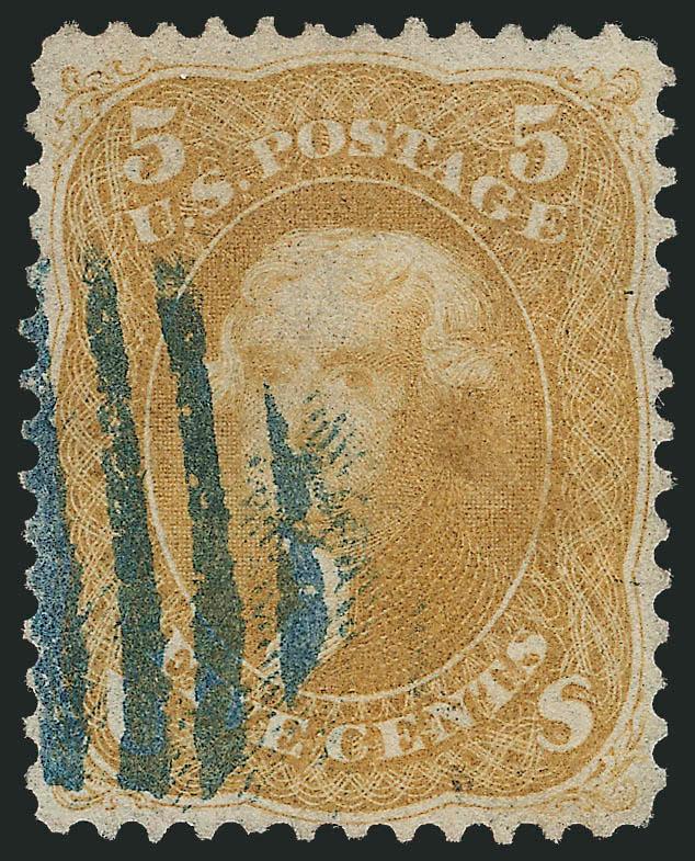 5c Brown Yellow (67a).> Vivid color nicely complemented by <blue grid> cancel, well-balanced margins, Very Fine and choice, with 2010 P.S.E. certificate as No. 67
