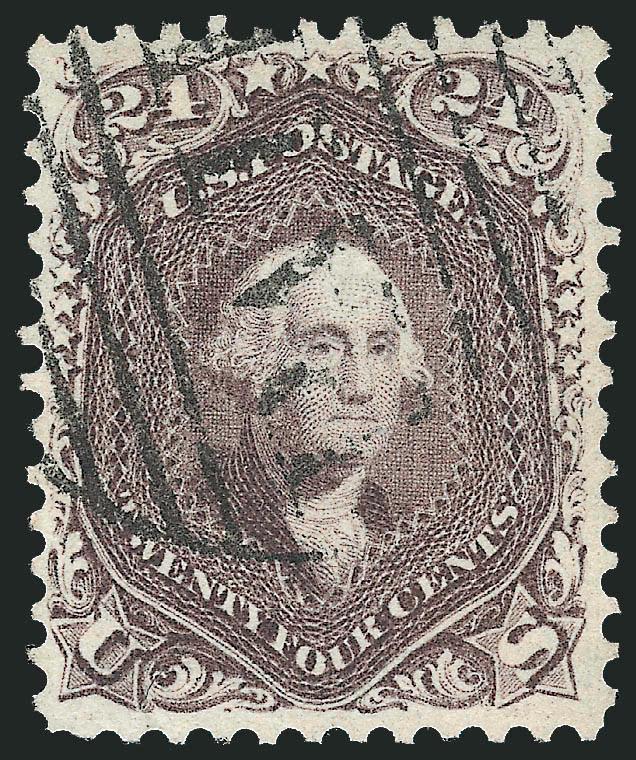 24c Red Lilac (70).> Deep rich color and detailed impression, choice centering with well proportioned margins, large Boston Paid grid cancel, Extremely Fine, with 1989 P.F. certificate as No. 70c with which we
agree, with 2010 P.F. and P.S.E. certi