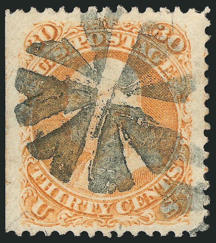 30c Orange (71).> Vibrant color, <straddle-pane margin> at left, bold strike of circle of Vs cancel, unusually wide margins, Very Fine and choice, with 2010 P.S.E. certificate