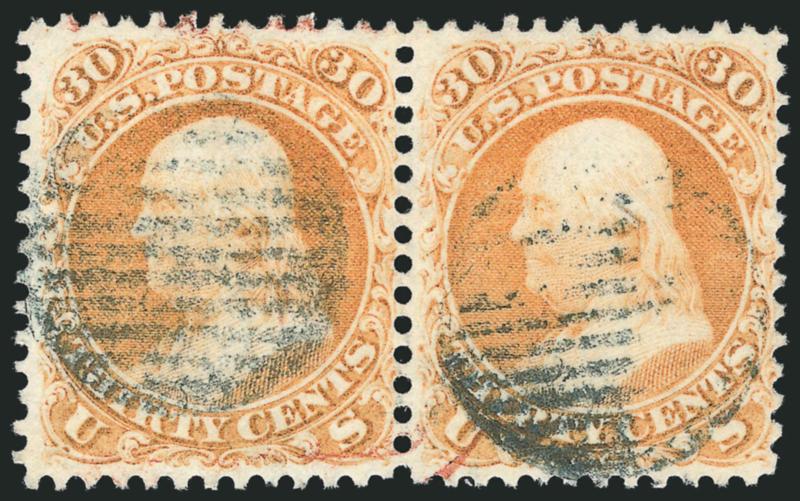 30c Orange (71).> Horizontal pair, rich color, cancelled by grids, Fine-Very Fine, desirable pair