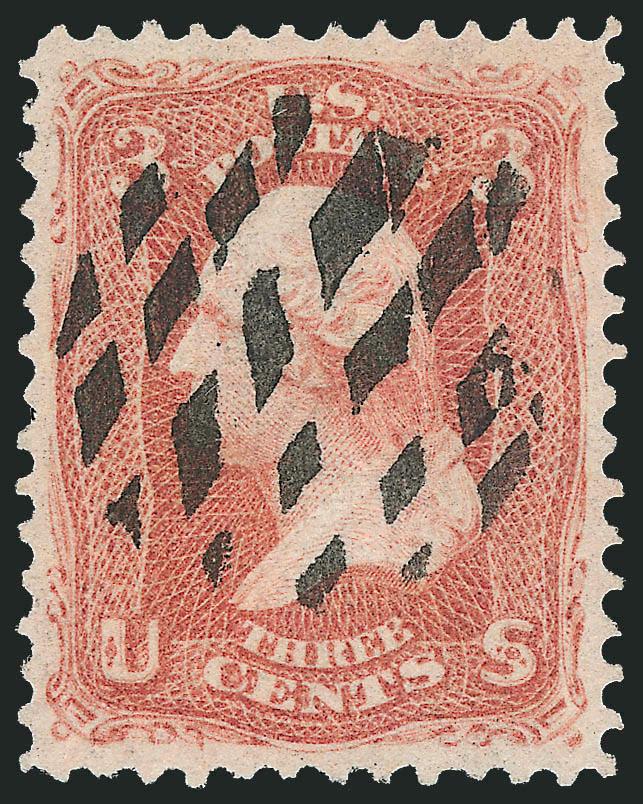 3c Red, F. Grill (94).> Vivid color, essentially precise centering with wide margins, beautiful strike of diamond grid cancel, Extremely Fine Gem, a superb stamp combining centering, freshness and a desirable
cancel, with 2010 P.S.E. certificate (XF-
