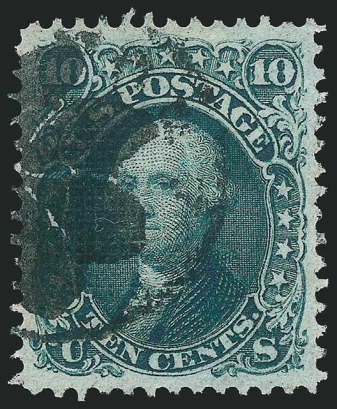 10c Yellow Green, F. Grill, Very Thin Paper (96 var).> Wonderful margins and beautifully centered, deep rich color, bold rosette and light circular datestamp, Extremely Fine, with 2006 P.S.E. certificate (XF
90 SMQ $670.00 as on ordinary paper)
