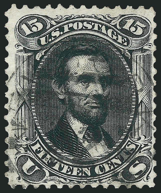 15c Black, Re-Issue (108).> Detailed impression, neat strikes of circular datestamp and also duplex cancel<><>^VERY FINE. A RARE SOUND USED EXAMPLE OF THE 15-CENT 1866 RE-ISSUE. ONLY FOURTEEN ARE RECORDED IN
OUR UNPUBLISHED CENSUS.^<><>Only 397 w