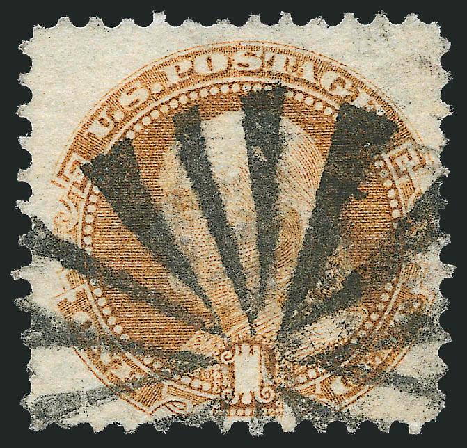 1c Buff (112).> Margins to touching at bottom, bold strike of <circle of Vs> fancy cancel, small faults, Very Fine strike, with 2009 P.F. certificate