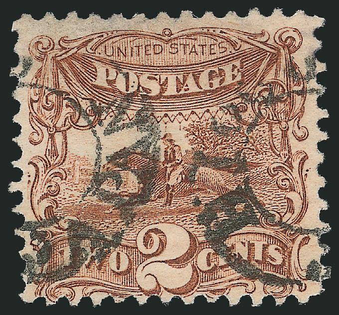 2c Brown (113).> Rich color, cancelled by two strikes of iogo, Japan> double-circle handstamp, Fine example of this cancel which is scarce on the 2c 1869 Pictorial Issue, the U.S. Post Office opened in Hiogo
in 1868, one year after those in Yokoh