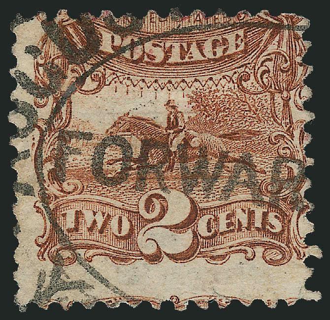 2c Brown (113).> Centered to top right, cancelled by <Yokohama forwarders oval handstamp> with Y of Yokohama and Forwar(ded) clearly visible, letters at top of oval might be Augu (Augustine Heard & Co.), small
perf flaws, Fine and rare