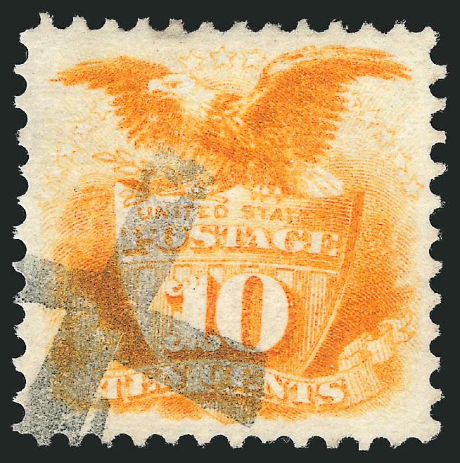 10c Yellow (116).> Vivid color, bold strike of <X chop> cancel used on mail carried between U.S. and China or Japan on Pacific Mail Steam Ship Co. contract steamers, reperfed at left, Extremely Fine
appearance, with 2007 P.F. certificate