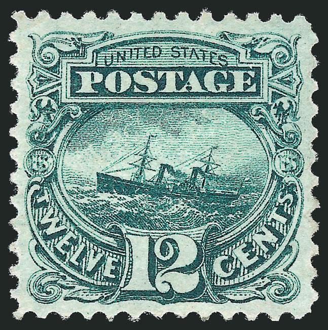 12c Green (117).> Part original gum described on accompanying certificate as somewhat redistributed, choice wide margins with beautiful centering, Extremely Fine, with 1987 P.F. certificate, Scott Retail as
original gum