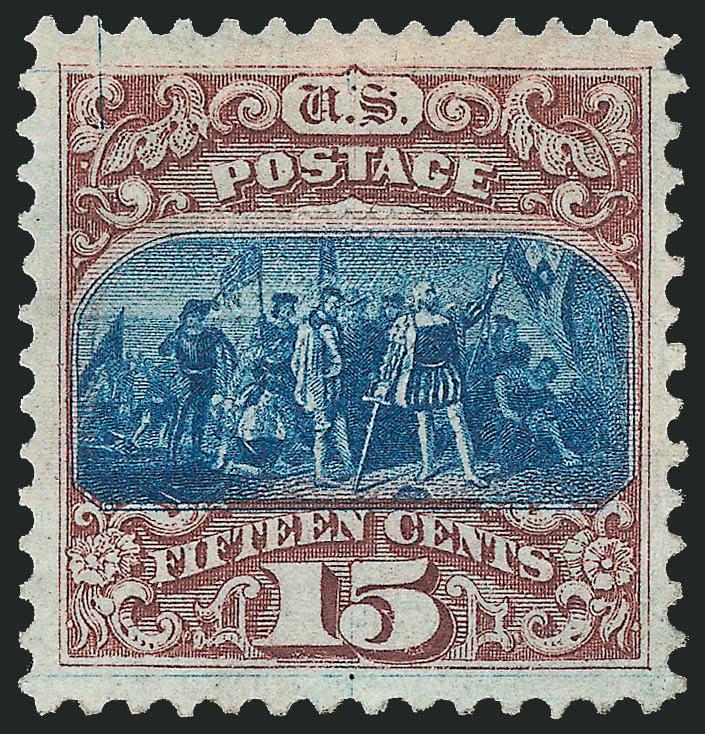 15c Brown & Blue, Ty. I (118).> Original gum, deep rich colors and proof-like impressions on crisp paper, most recent certificate states reperfed at top, but we do not agree<><>^EXTREMELY FINE APPEARING
ORIGINAL-GUM EXAMPLE OF THE 15-CENT 1869 PICT