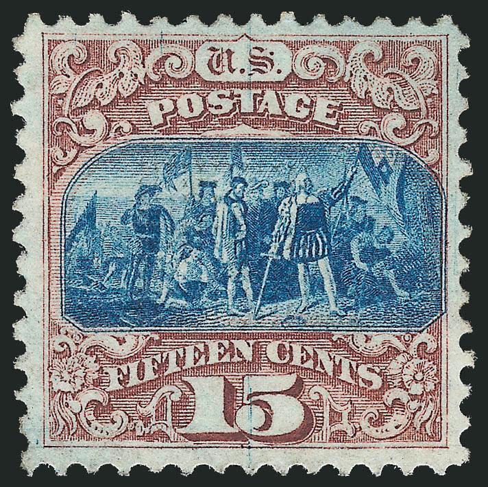 15c Brown & Blue, Ty. I (118).> Part original gum, wide margins and attractive centering, rich colors<><>^VERY FINE. A DESIRABLE SOUND UNUSED EXAMPLE OF THE 1869 15-CENT TYPE I.^<><> With 1986 P.F.
certificate. Scott Retail as original gum