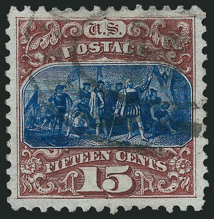 15c Brown & Blue, Re-Issue (129).> Beautifully centered, deep rich colors with a neat double oval registry cancel, tiny thin spots, minor margin tear at top and short perf at bottom right, appears Extremely
Fine