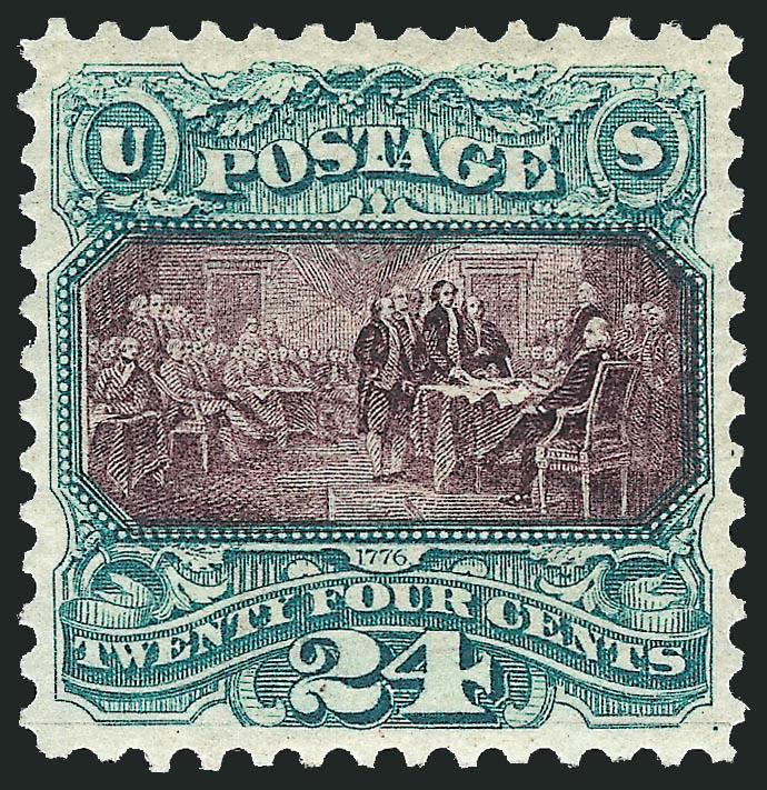 24c Green & Violet, Re-Issue (130).> Original gum, lightly hinged, deep rich colors and sharp proof-like impressions on bright paper, well-balanced margins, long and full perforations all around<><>^EXTREMELY
FINE. A BEAUTIFUL EXAMPLE OF THE 24-CEN