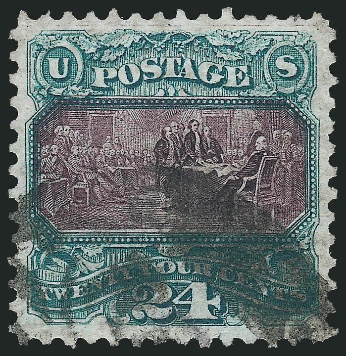 24c Green & Violet, Re-Issue (130).> Rich colors, wide margins, bold strike of oval registry cancel<><>^VERY FINE AND CHOICE USED EXAMPLE OF THE 24-CENT 1869 PICTORIAL RE-ISSUE.^<><>With 1973 A.P.S.
certificate
