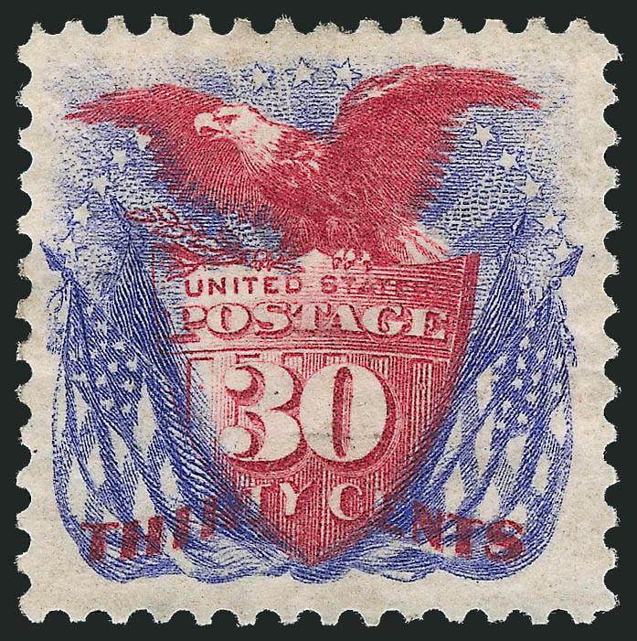 30c Blue & Carmine, Re-Issue (131).> Original gum, brilliant colors on bright white paper, wide margins<><>^VERY FINE ORIGINAL-GUM EXAMPLE OF THE 30-CENT 1869 PICTORIAL RE-ISSUE.^<><>With 2003 and 2009 P.F.
certificates (VF 80)