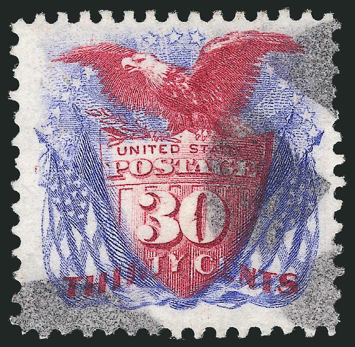 30c Blue & Carmine, Re-Issue (131).> Attractive centering with beautiful deep rich colors, quartered cork cancels, couple tiny perf flaws of little consequence, otherwise Very Fine and choice, with 1976 P.F.
certificate that does not mention any flaw