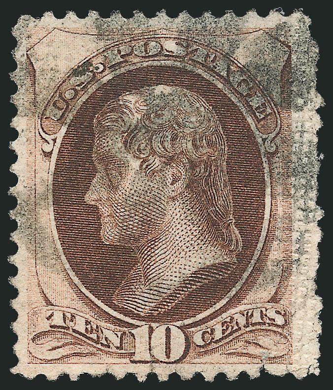 10c Brown, End Roller H. Grill (139).> Excellent margins, large <New York Foreign Mail> circle of wedges cancel, the grill is along the right margin where it has blunted many of the perfs which is normal for
this variety and should not be considered