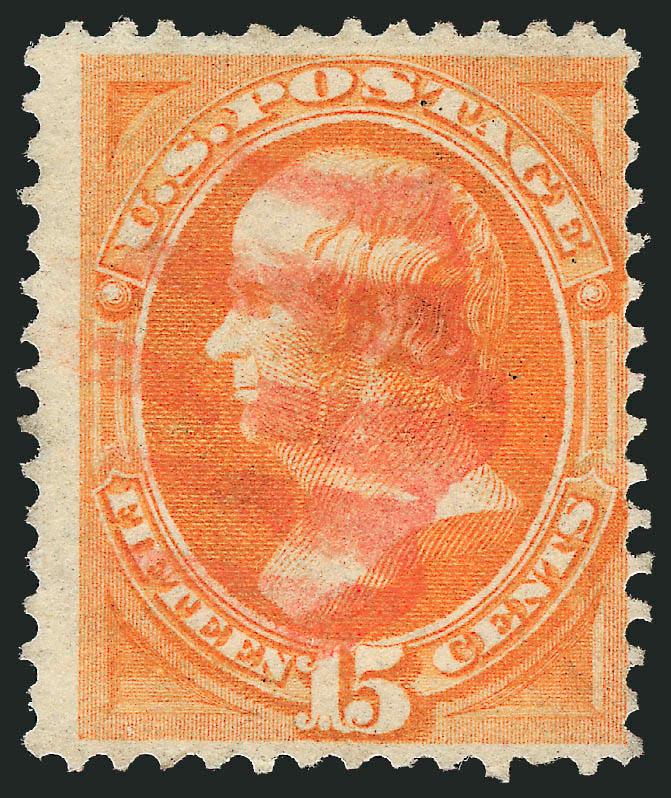 15c Orange, Grill (141).> H. Grill, rich color, odd-shaped <red grid> cancel (probably New York Foreign Mail), couple short perfs, otherwise Fine