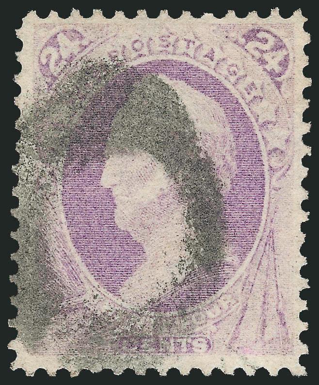 24c Purple, Grill (142).> H. Grill, several clear rows of grill points, pretty shade, bold strike of cork cancel, choice centering for this difficult issue, most recent certificate notes an added perf and tiny
tear at bottom<><>^VERY FINE APPEARING