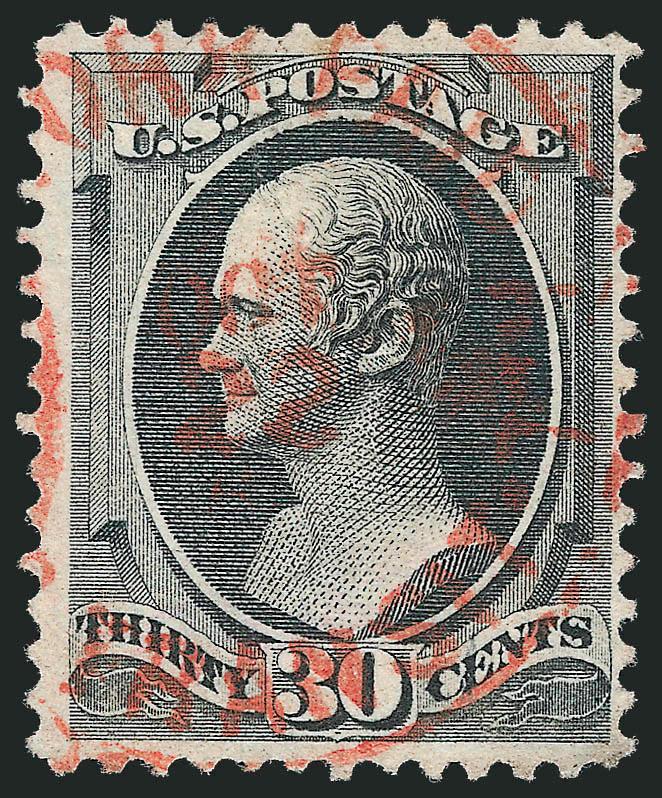 30c Black, Grill (143).> H. Grill, nicely centered, intense shade, neat <red New York Paid All Br. Transit> datestamp<><>^VERY FINE. THE 1870 30-CENT NATIONAL GRILLED ISSUE IS RARELY ENCOUNTERED WITH A RED
DATESTAMP USED AS THE SOLE CANCELLATION.