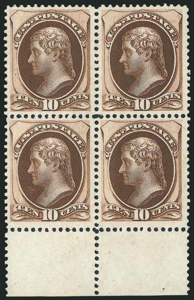 10c Brown (161).> Block of four with bottom selvage, unused (no gum), incredibly fresh with marvelous deep rich color despite (or perhaps because of) lack of gum, well-centered, Very Fine, exceptional
appearance, with 1998 P.F. certificate, Scott Ret