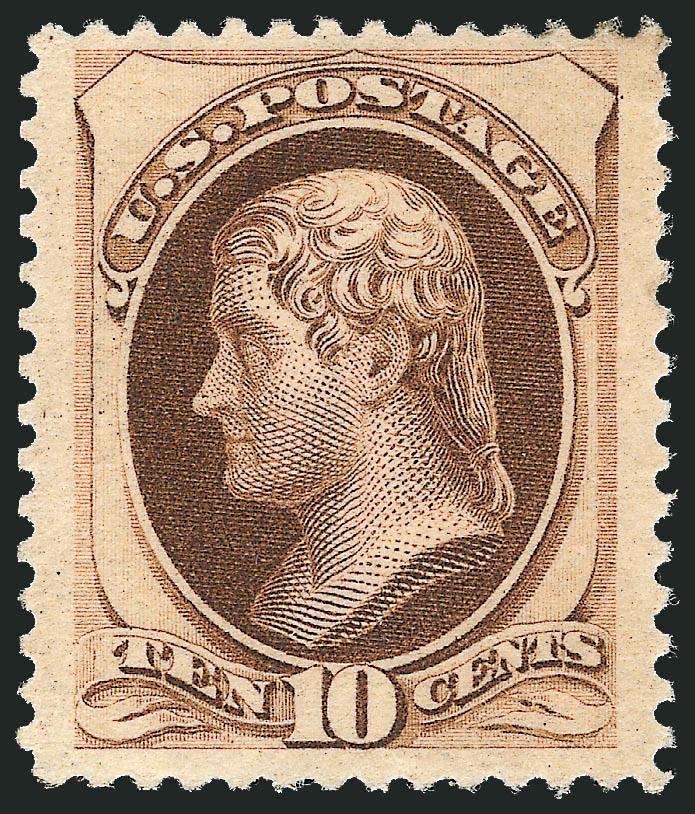 10c Brown, Without Secret Mark (187).> Original gum, lightly hinged, bright color, three enormous margins, tiny natural inclusion at top left<><>^VERY FINE ORIGINAL-GUM EXAMPLE OF THE 10-CENT 1879 AMERICAN
BANK NOTE ISSUE WITHOUT SECRET MARK. SCARC