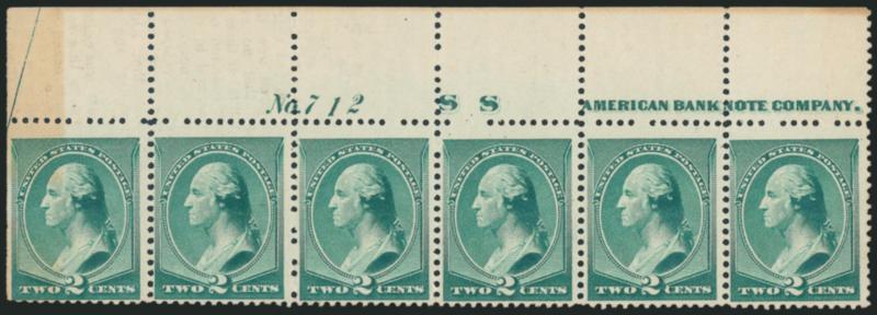 2c Green (213).> Four top imprint and plate no. strips of six, two from plate no. 712 and two from 713, no duplication of positions, unused (no gum), few small flaws incl. some toning, otherwise Fine