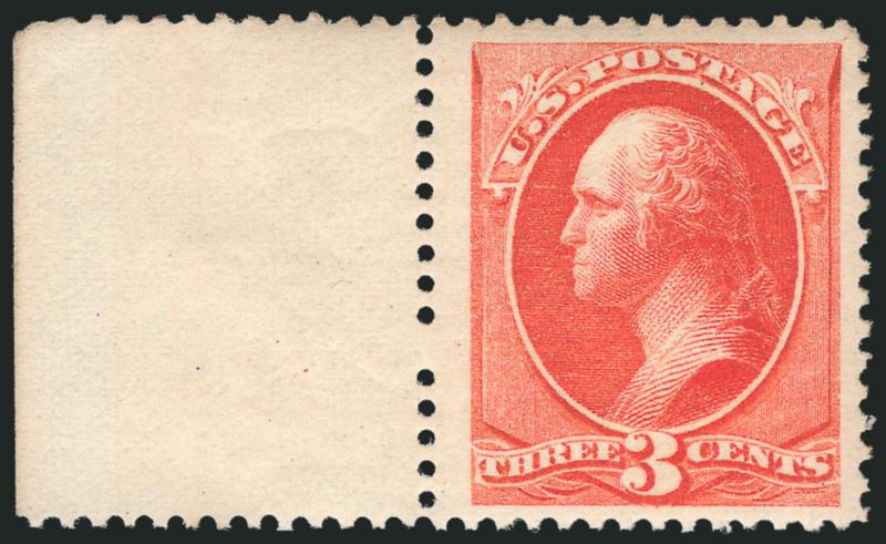 3c Vermilion (214).> Mint N.H. with <wide selvage at left,> brilliant color and crisp impression, Jumbo margins on bright paper, fresh and Extremely Fine, a beautiful stamp, ex Whitman, with 1993 P.F.
certificate