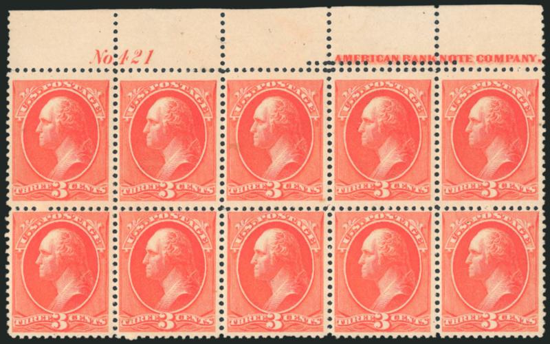 3c Vermilion (214).> Top imprint and plate no. 421 block of ten, nine stamps Mint N.H., bottom center stamp lightly hinged, vibrant color, top center stamp small oily spot, otherwise Very Fine, Scott Retail as
singles