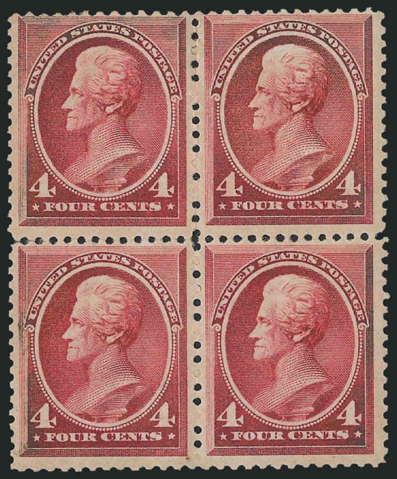 4c Carmine (215).> Block of four, original gum, slightly oxidized, few sensibly reinforced perf separations not mentioned on accompanying certificate, otherwise Fine, with 2001 P.F. certificate