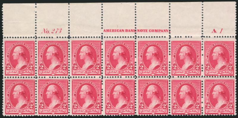 2c Carmine (220).> Mint N.H. top imprint, plate no. 273 and A1 block of 14, radiant color, wide selvage, fresh and Very Fine, this is a surprisingly difficult plate block to find in Mint N.H. condition, listed
but unpriced as such in Scott, Scott R