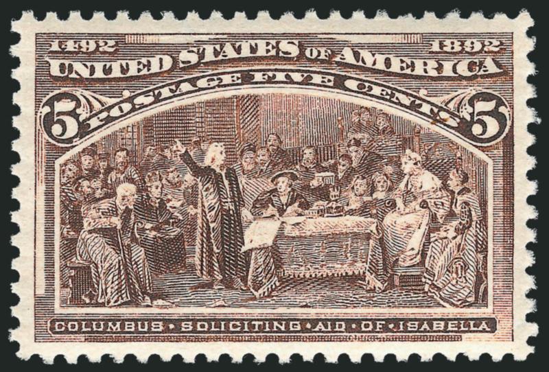 5c Columbian (234).> Mint N.H., deep rich color and proof-like impression, gorgeous centering with wide and balanced margins<><>^EXTREMELY FINE GEM. A SUPERB MINT NEVER-HINGED EXAMPLE OF THE 5-CENT COLUMBIAN
WHICH HAS BEEN GRADED SUPERB 98 BY P.S.E